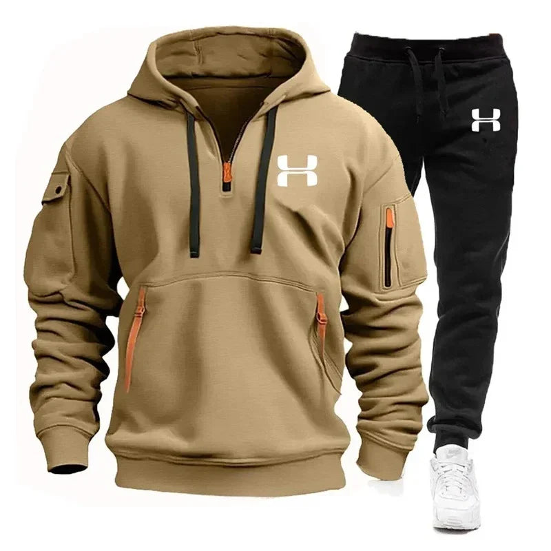 Men's autumn and winter new zipper long sleeved hooded sweatshirt, sports and casual pants, two-piece fitness jogging suit
