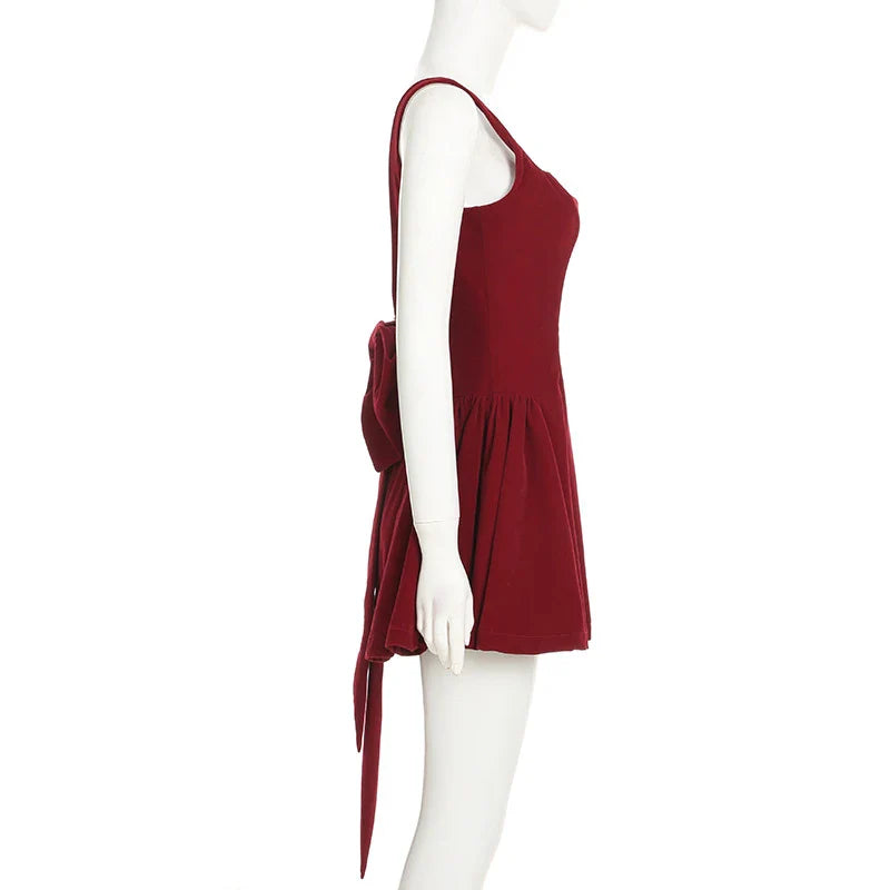 BKLD Fashion Red Bowknot Mini Dress Straps Square Collar Sleeveless Backless Vintage Cute Ladies Slim Party Short A-line Dresses