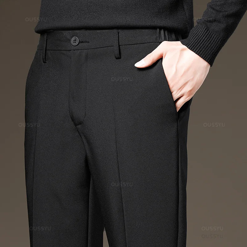 Men‘s Suit Pants Slim Business Office Elastic Waist Thin Black Grey Classic Pant