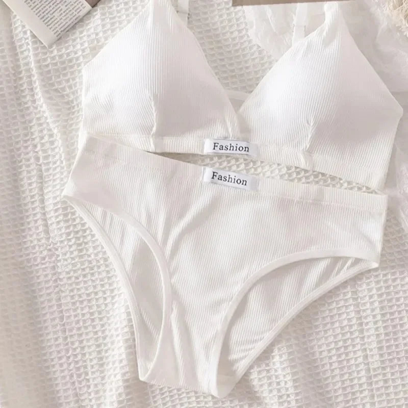 Women Cotton Bra Set Briefs Low Waist Panties Wire Free Bralette Sport Lingerie