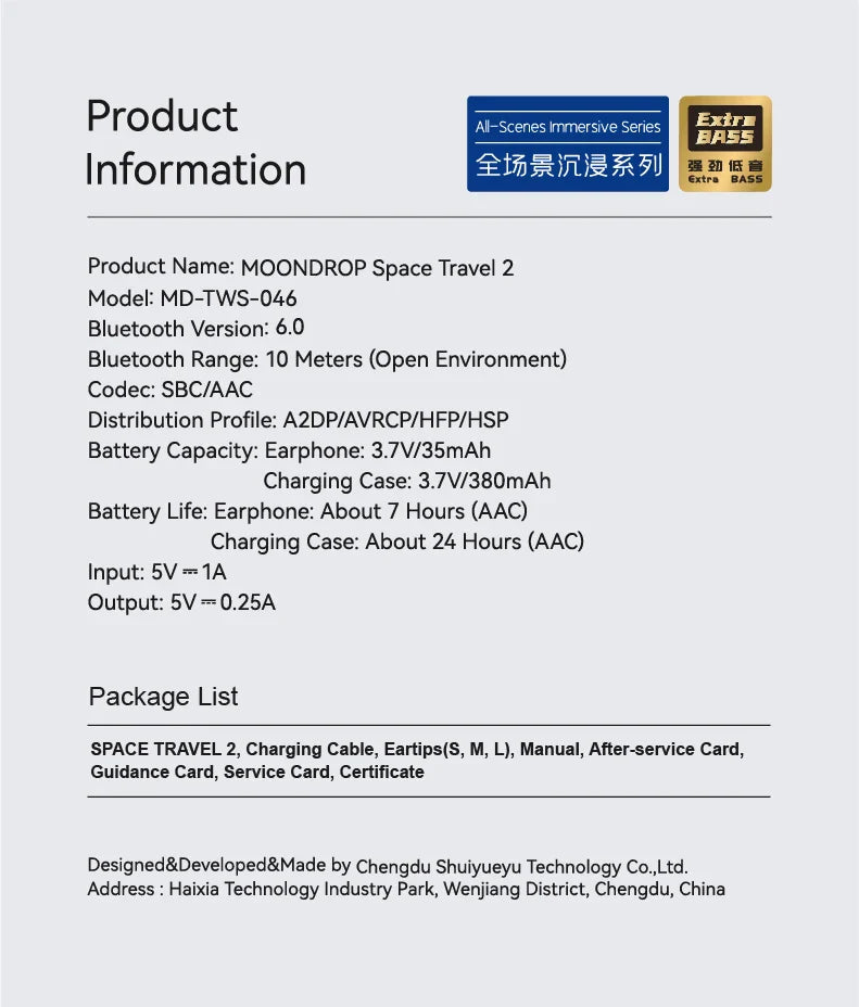MOONDROP Space Travel 2 HiFi Noise-Canceling TWS wiress earphone Bluetooth 6.0 ANC Low-latency Game Mode SBC/AAC