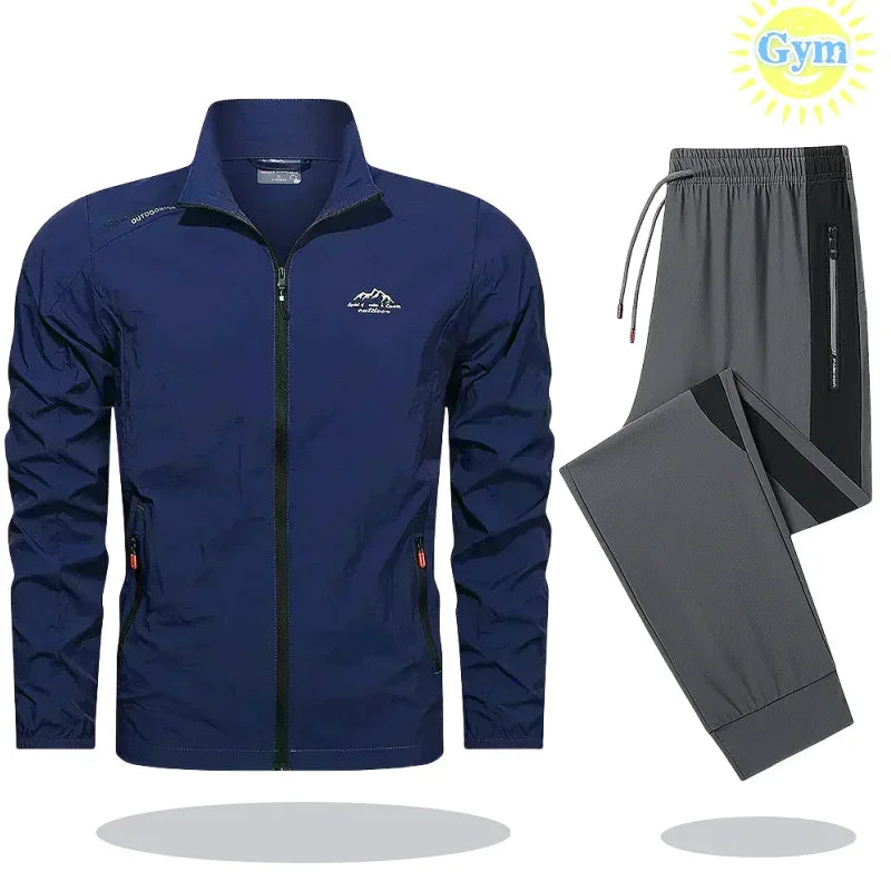Mens Tracksuit Spring Summer Sportswear 2 Piece Sets Sports Suit Sunscreen Jacket+Pant Running Set Men Fishing Jogger Sweats Set