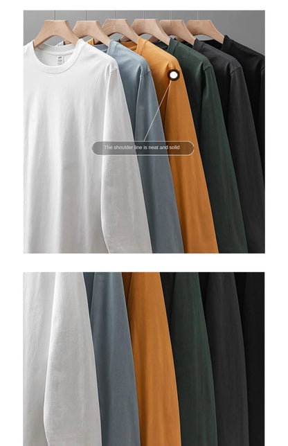 DUKEEN Men's 260G Long Sleeve T Shirts 2025 Spring Pure Cotton Solid Color Basic Crew-Neck Undershirt Men's Loose Tops 11 Color