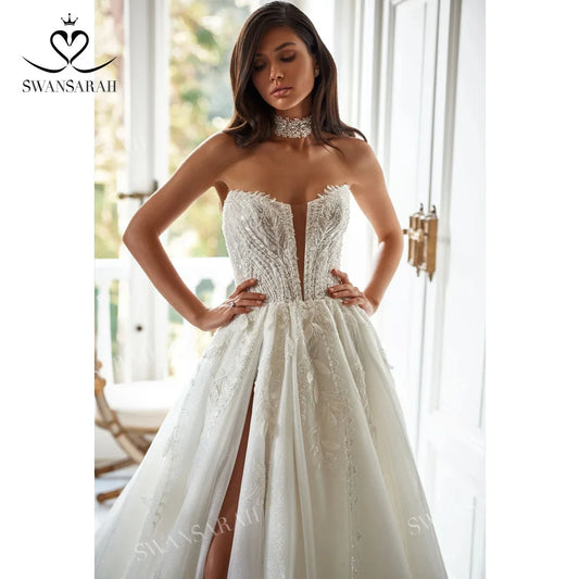 White Bridesmaid Dresses: A-Line Wedding Dress Shiny Appliques Split Vintage