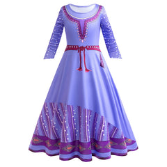 Wish Princess Dress Girls Asha Cosplay Outfits Purple Print Elastic Frocks Kids Long