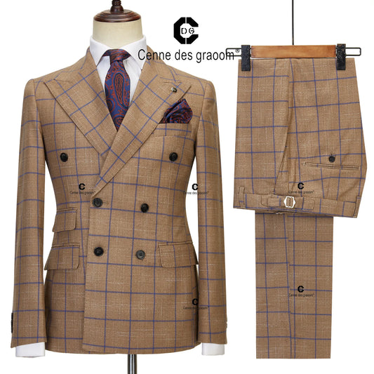 Cenne Des Graoom 2023 New Brown Plaid Suits for Men Double Breasted 2 Pcs Set Blazer Jacket Pants Wedding Party Meeting Office