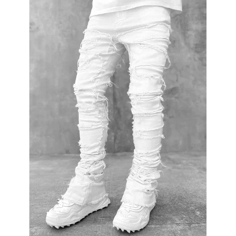 Mens Stacked Jeans Fit Ripped Jeans Destroyed Straight Denims Pants Vintage Hip Hop