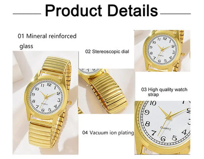 2 PCS Of Gold Retro Round Pointer Quartz Watch Classic Simulation Elastic Band Watch Suitable For Both Male And Female Couples