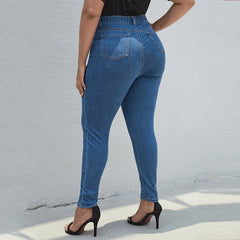 Plus Size Women Pencil Jeans High Waist Stretchy Jeans Summer Thin Light Blue Pants