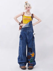 y2k letter embroidery all-match denim overalls women's summer retro loose slim fashion