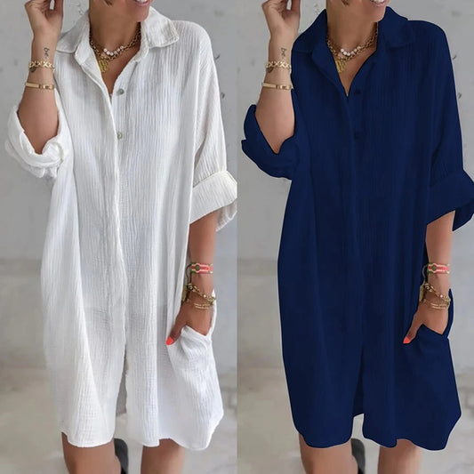 Plus Size Cotton Linen Shirt Dress for Women 2023 Large Size Short Mini Skirt Casual Autumn And Winter Female Clothing Vestido