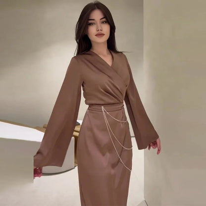 Spring V-neck Elegant Satin Women Party Dress Fashion High Waist Chains Design Long Dress Autumn Long Sleeve Straight Maxi Dress