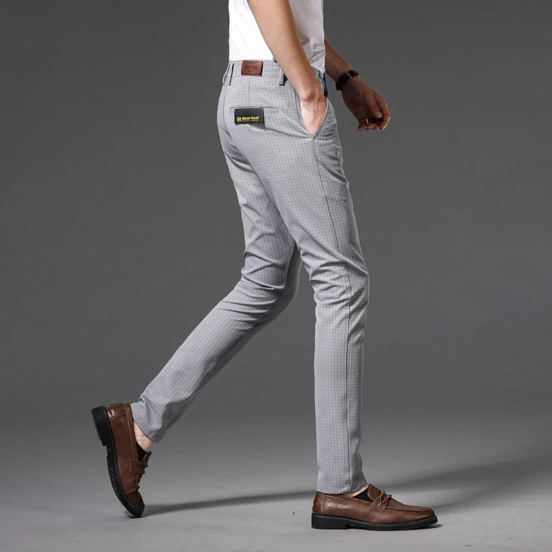 Plaid Casual Business Trousers Men Fashion Stretch Suit Brand Straight Slim Korea