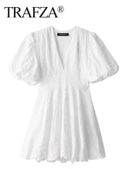 Women Elegant White Dress Short Sleeve V Neck Embroidered Mini Dresses