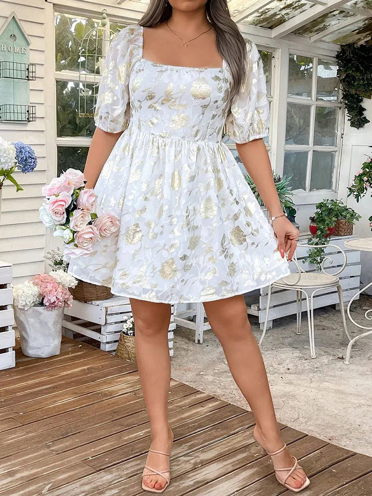 New French Elegant Square Neck Gold Digital Print Plus Size Dress Short Lantern Sleeve Mini Skirt Party Wedding Guest Dresses