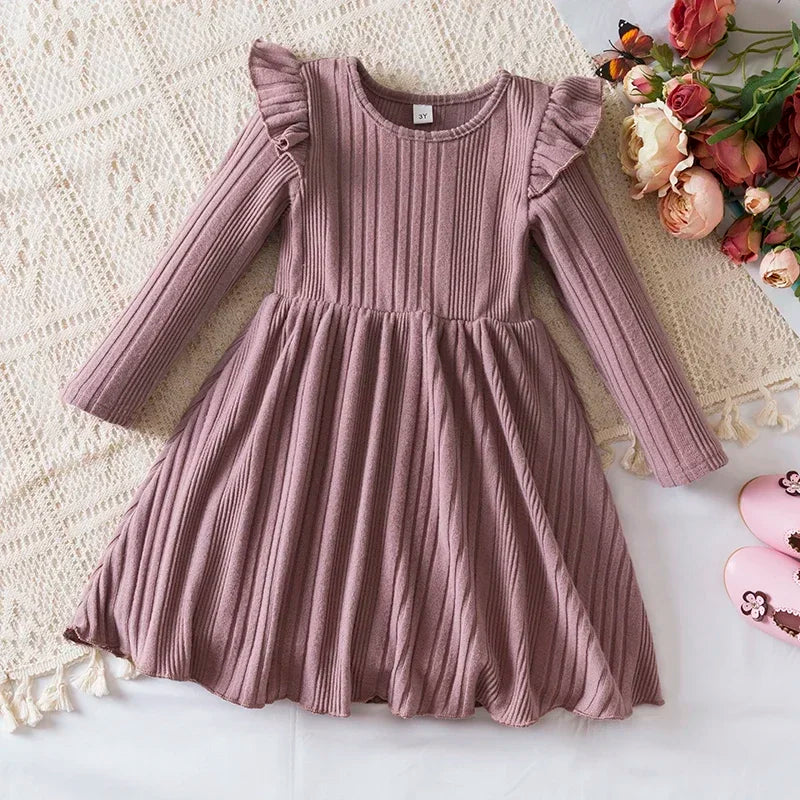 Girls Knit Dress for Autumn Winter Long Sleeve Kids Princess Dress Solid Fashion