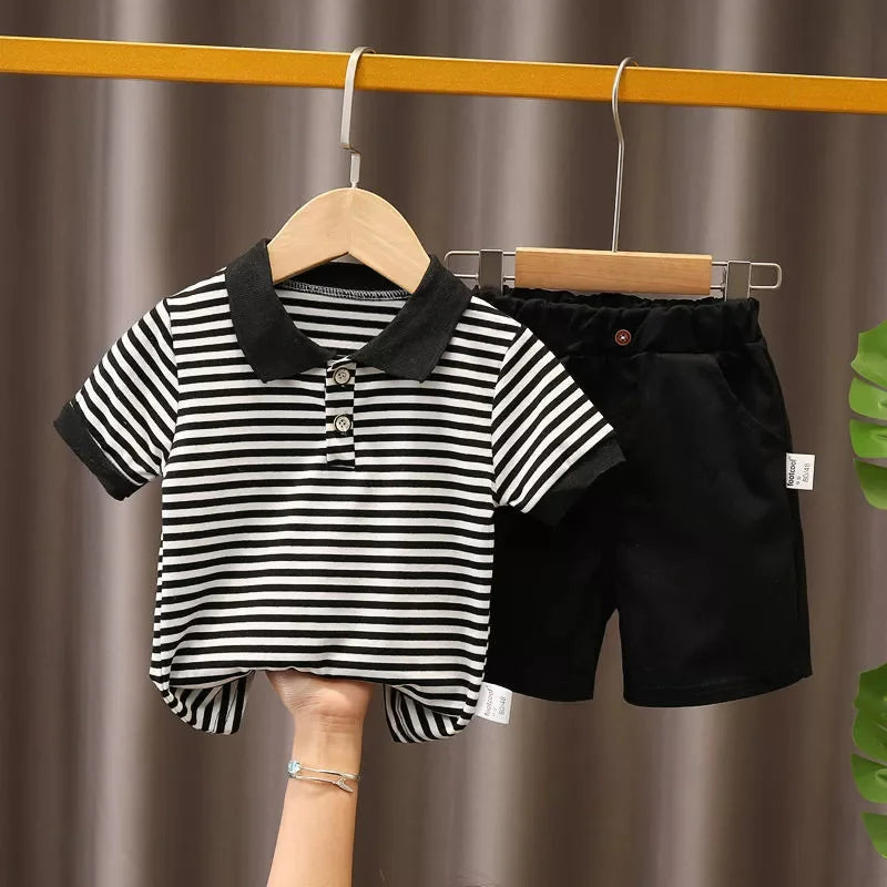 Summer Boys Sets Baby Thin Suit Children Lapel Striped Top Solid Shorts Two-Piece New Baby Fashion Casual Outfit 12M-5 Years Old