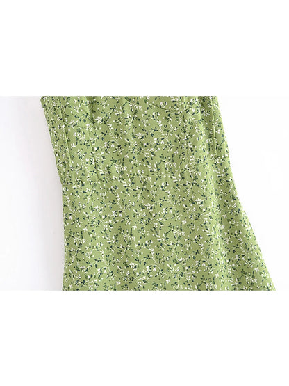 YENKYE 2022 Women Vintage Green Floral Print Thin Strap Chiffon Dress French Style Ladies A-line Short Summer Dress Sling Robe