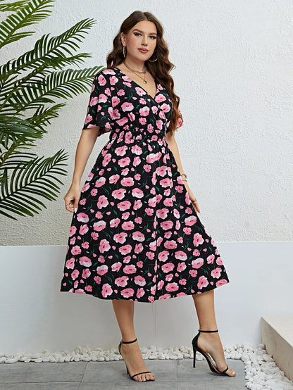 Plus Size Floral Print Wrapped V-Neck Women Dresses Short Sleeves A-Line Bohemia Robe Casual Lady Vacation Large Size Clothing