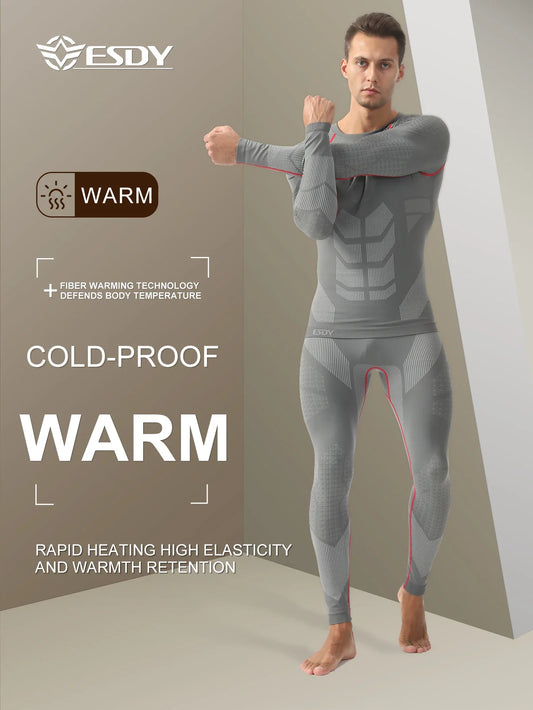 Esdy 1 Set of Men's Sports Compression Thermal Suit Winter Thermal Compression Long-Sleeve Long Pants Breathable High-Elastic Cold-Proof Sports Suit Winter Outdoor Sports Climbing Fishing