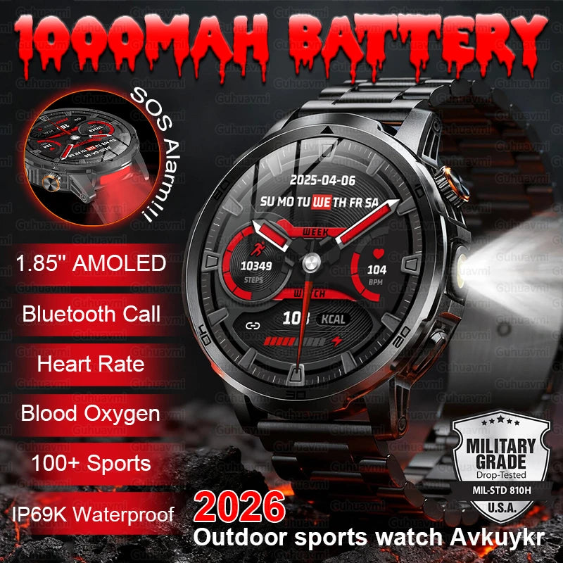 1000mAh Super Large Battery Military Smart Watch BT Call LED Flashlight SOS Alarm 5ATM Waterproof Outdoor Tactical Watches Men