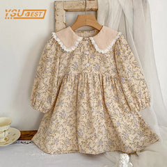 Sweet Kids Baby Girls Long Sleeve Flower Printing Princess Dress Autumn Baby Girls