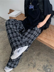 Black Women Plaid Pants Casual Oversize Loose Wide Leg Trouser