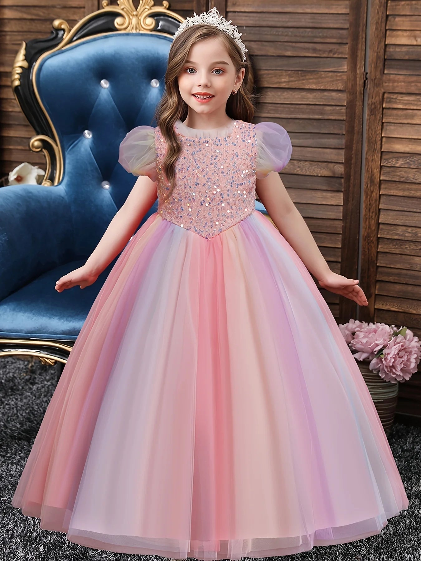 Girls Dress Color Mesh Dress Long Sequin Children's Skirt Girls Piano Host Costumes