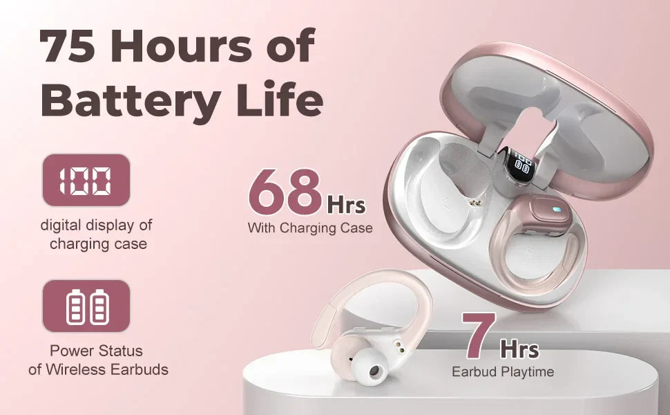 Sport Bluetooth 5.3 Earphones Earhook Headphones IPX7 Waterproof Wireless Earbuds 75 Hrs with LED Power Display Physical buttons