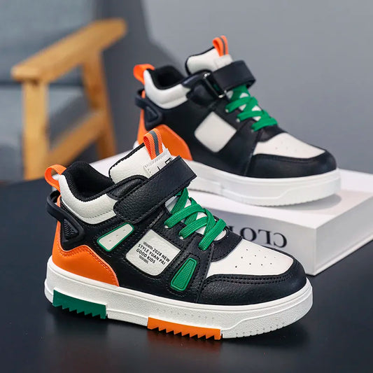 Fashion Kids Sneakers Casual Shoes Boys High Top Leather Waterproof Board Shoe