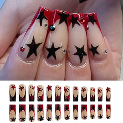 24pcs/box Long Water Pipe Nail French Y2K Red Star Fake Nails False Nails Press on Nails