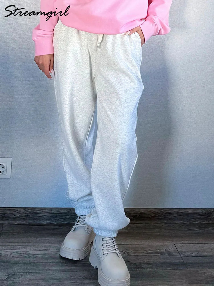 Sweatpants Women Winter Straight Leg Fleece Pants Elastic Waist Gray Velvet Trousers