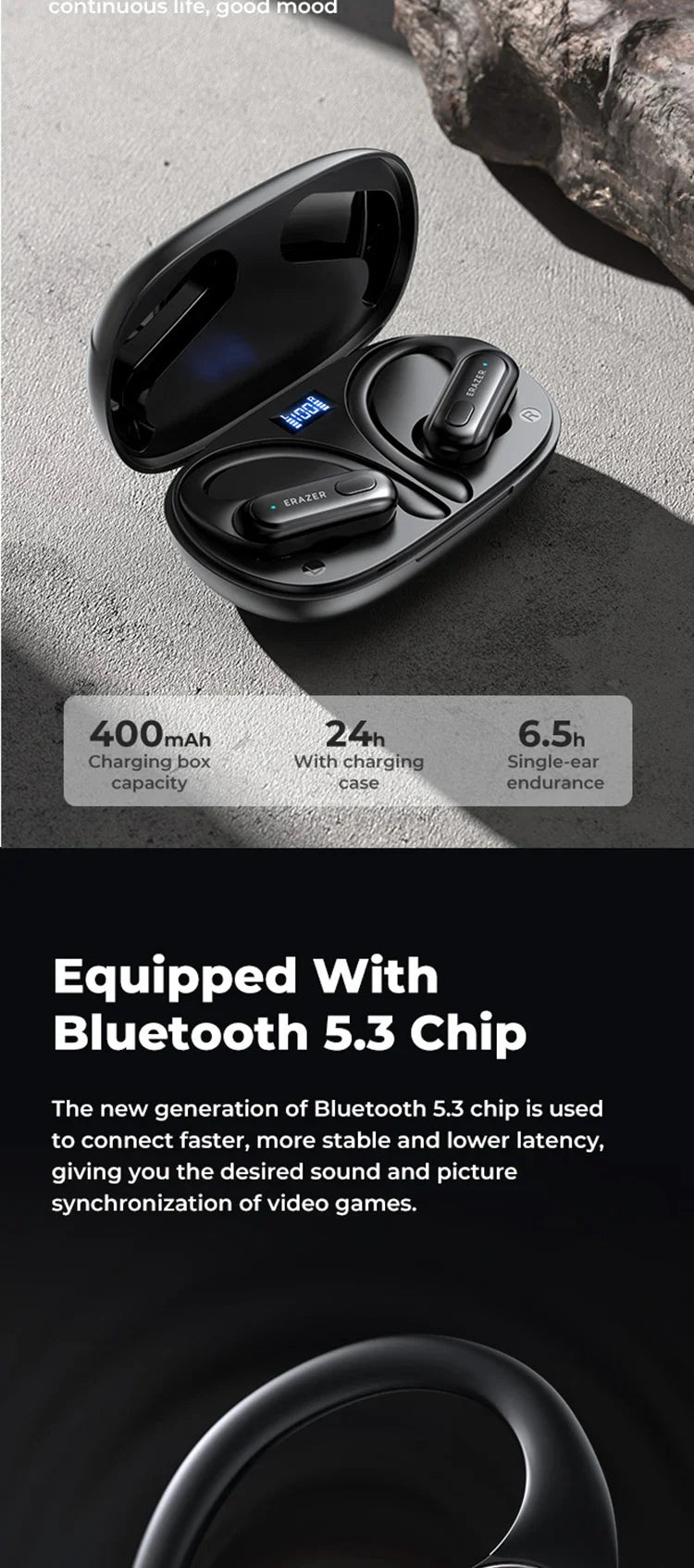 ERAZER XT60PRO Sports Wireless Headphones Bluetooth  Earphones Earbuds Noise Reduction Headset with Mic Earhook
