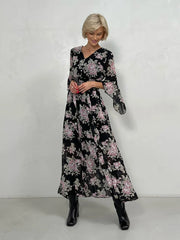 Chiffon Floral Bandage Long Dresses Elegant Vintage Pink Flower Evening Dresses