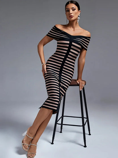 Midi Bandage Dress Women Off Shoulder Party Dress Bodycon Elegant Striped Sexy Birthday Evening Outfits Summer 2023 Runway New