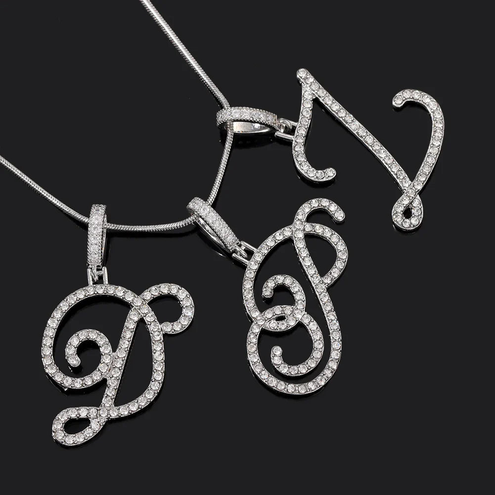 Fashion 26 Cursive Initial Letter Zircon Pendant Necklace For Women Shiny Crystal Alphabet Rope Chain Necklace Hip Hop Jewelry