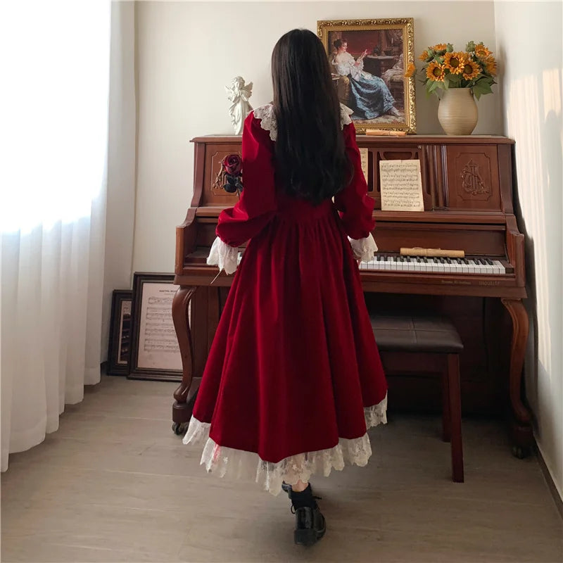 Evening Dresses: Dress Vintage Lace Splicing Gold Velvet Red Long Dress Elegant