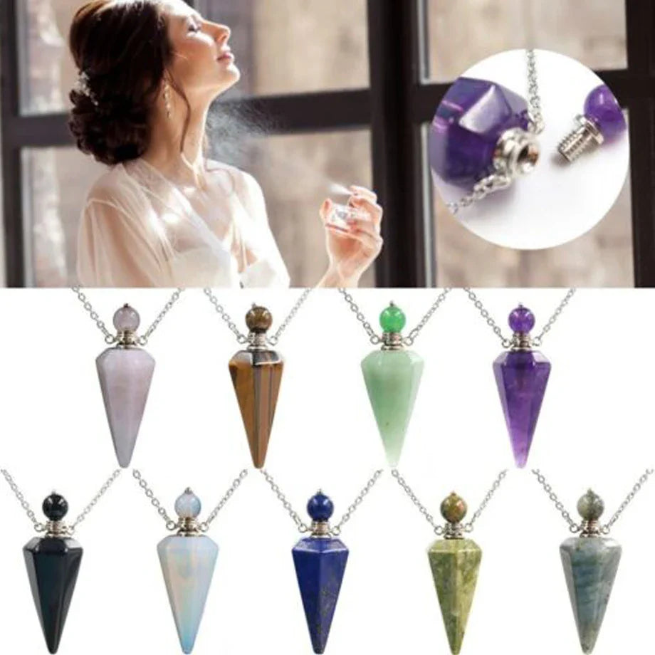 Natural Stone Cone Perfume Bottle necklace Healing Clear Quartz Crystal Pendant Reiki Essentials Oil Diffuser Vial Necklace H119
