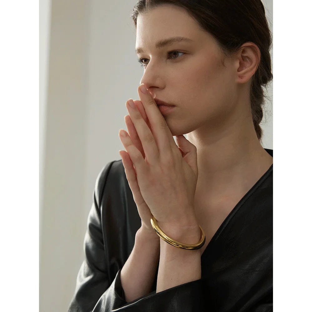 Yhpup 65mm Polished Textured Waterproof Stainless Steel Big Bracelet Bangle Statement Glossy Minimalist Jewelry High Quality