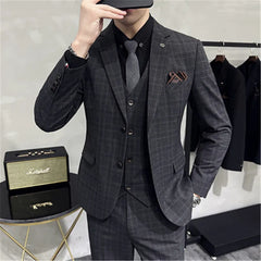 3 Pieces Men's Suit Set for Wedding Blazer Pants Sets Classic Plaid Suit Slim Fit