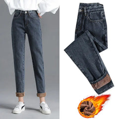 Winter Warm Fleece Jeans Women's High Waist Thick Harlan Straight Denim Pants