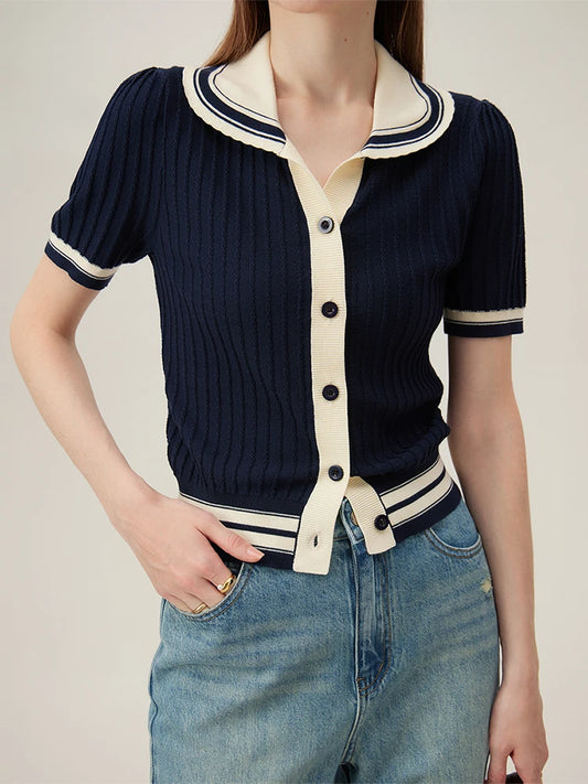 College Style Contrast Polo Collar Knitted Cardigan Women Knitwear