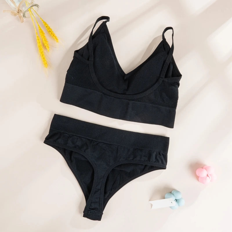 Women Top Panties Set Cotton Tops Low Waist Briefs Underwear Set Comfortable Soft