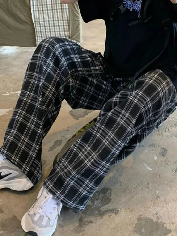 Black Women Plaid Pants Casual Oversize Loose Wide Leg Trouser