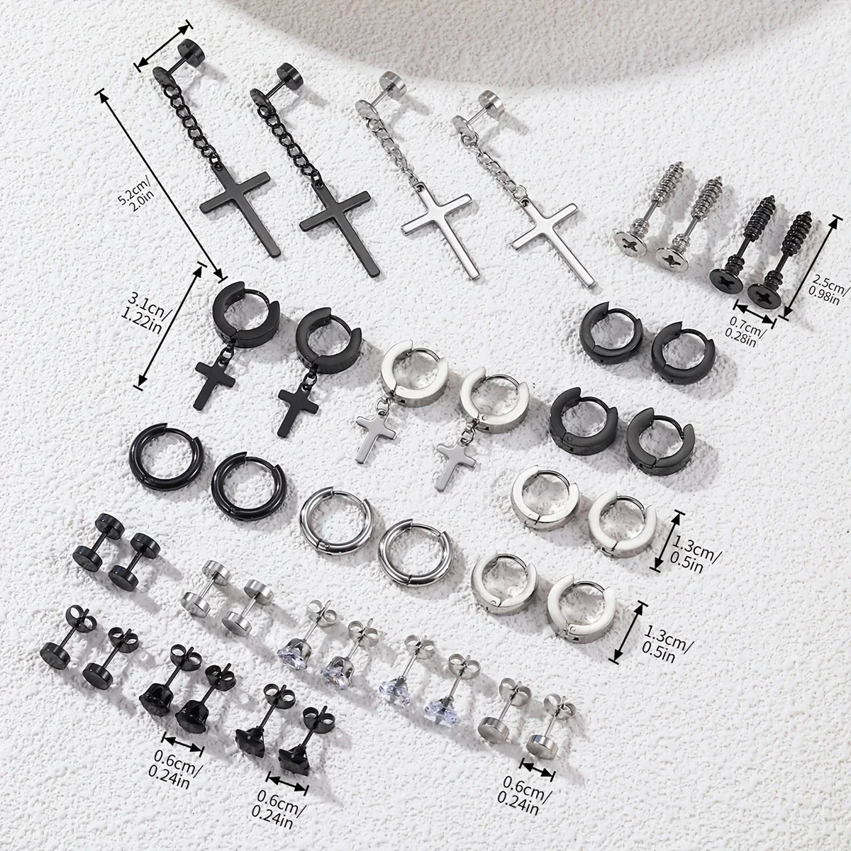 Simple Stainless Steel Zircon Stud Earrings For Men, Cross Pendant Hoop Earrings For Daily Wear