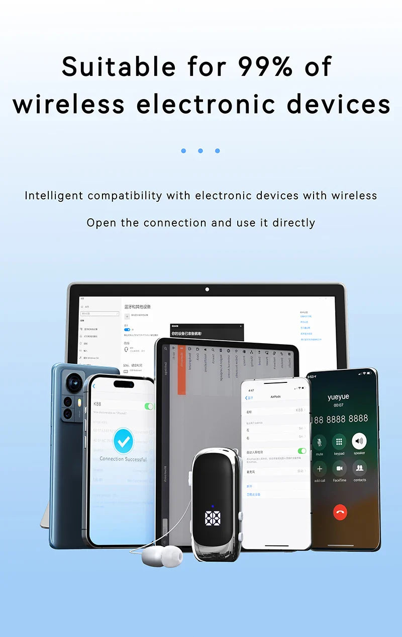 K88 Lavalier Business Bluetooth 5.4 Headphone Talk/Music Time 20 Hours,LED Digital Display,Noice Cancelling Wireless Earphones