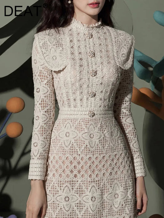 Formal attire Dresses: Women Hollow Out Dress Full Sleeves Patchwork Single Buttons