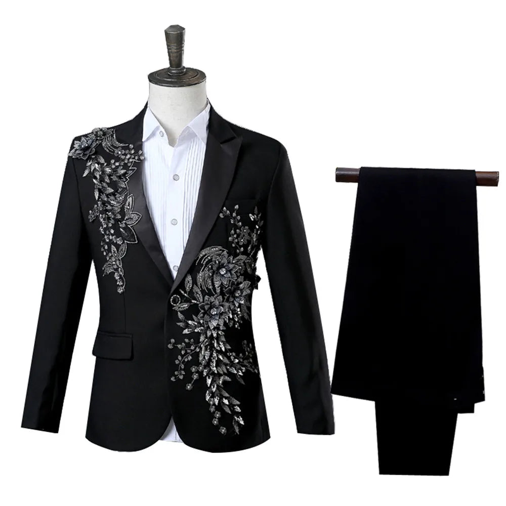 Beach Wedding Outfit Men: Elegant Appliqued Two-piece Men's Suit for Wedding Banquet