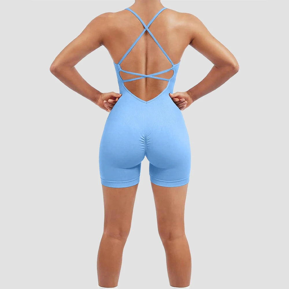 Yoga Criss Cross Backless Cami Sports Romper,Women's Jumpsuits Ribbed One Piece