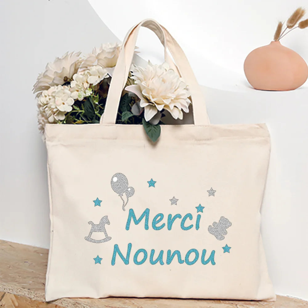 Merci Nounou French Printed Women Shoulder Bag Canvas Tote Bag Female